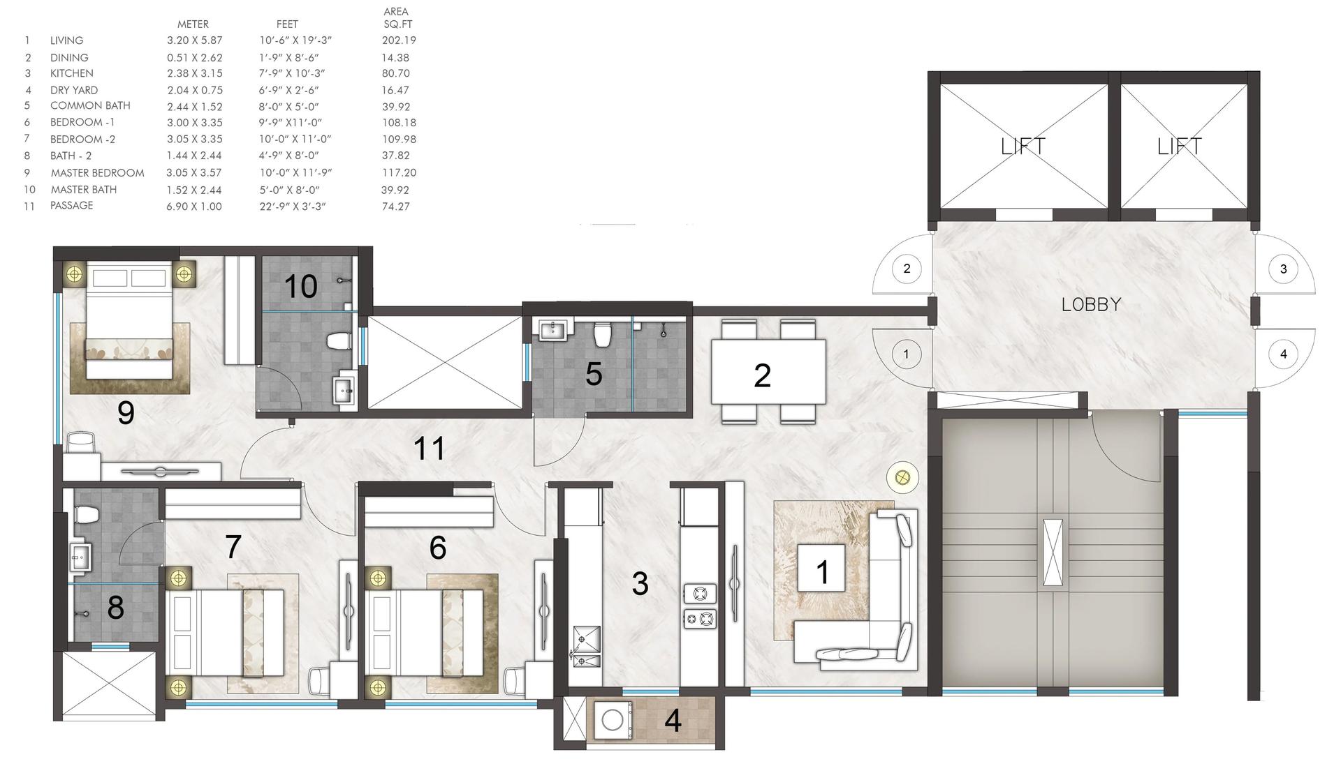 3 BHK floor plan