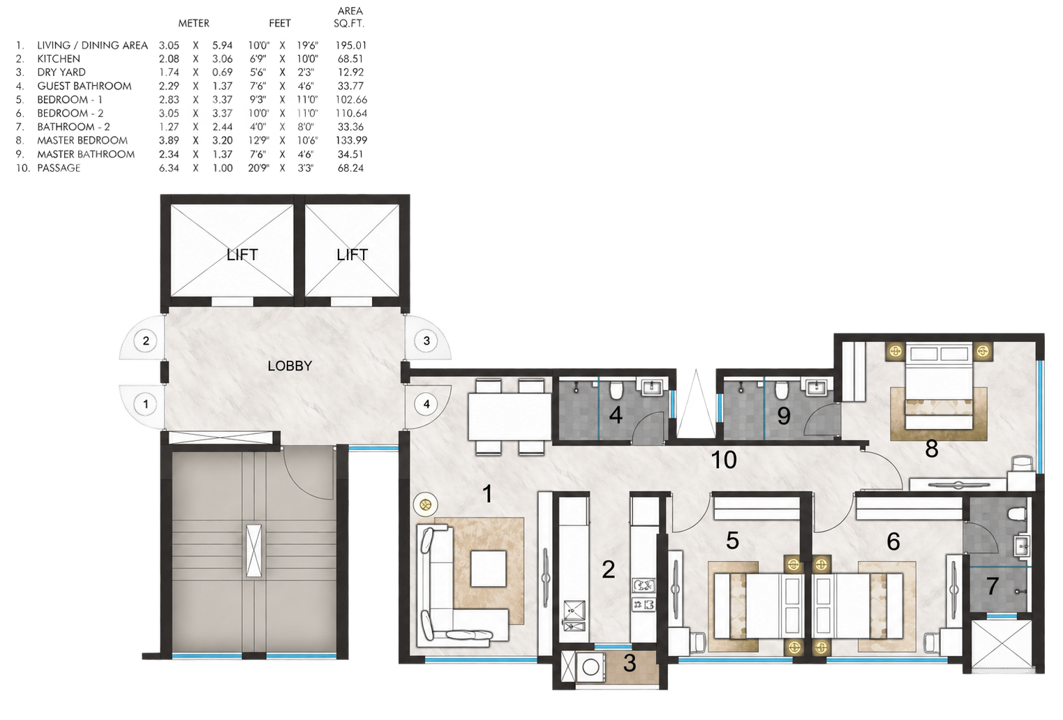 3 BHK floor plan