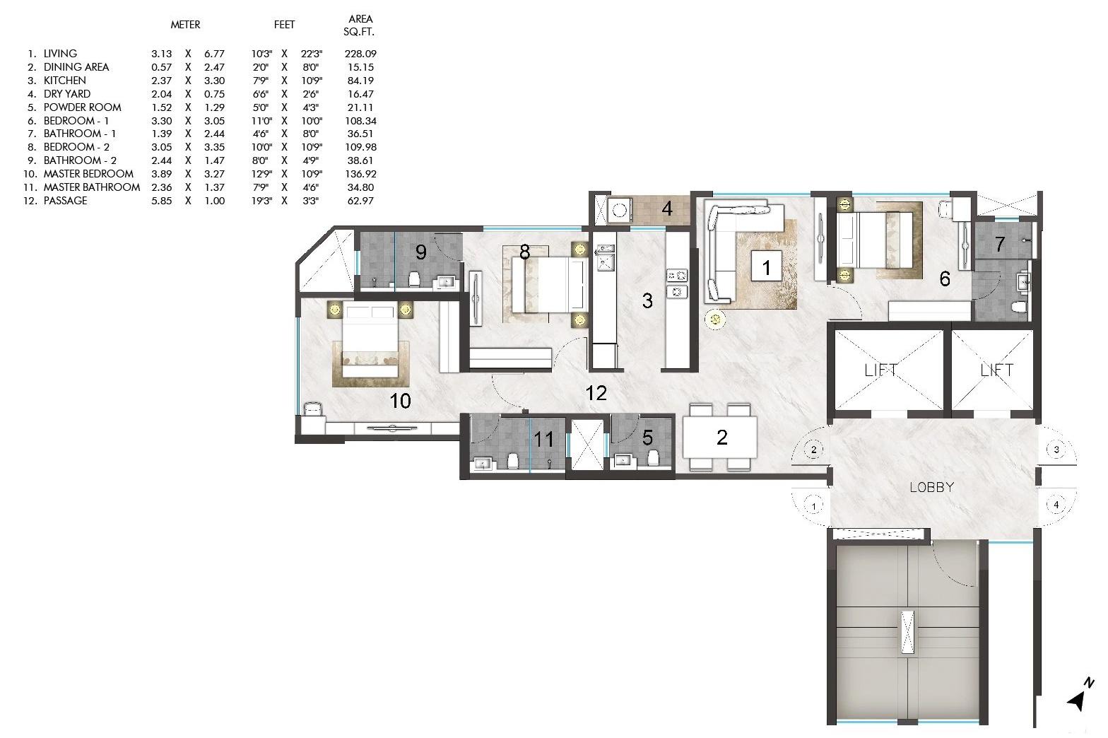 3 BHK floor plan