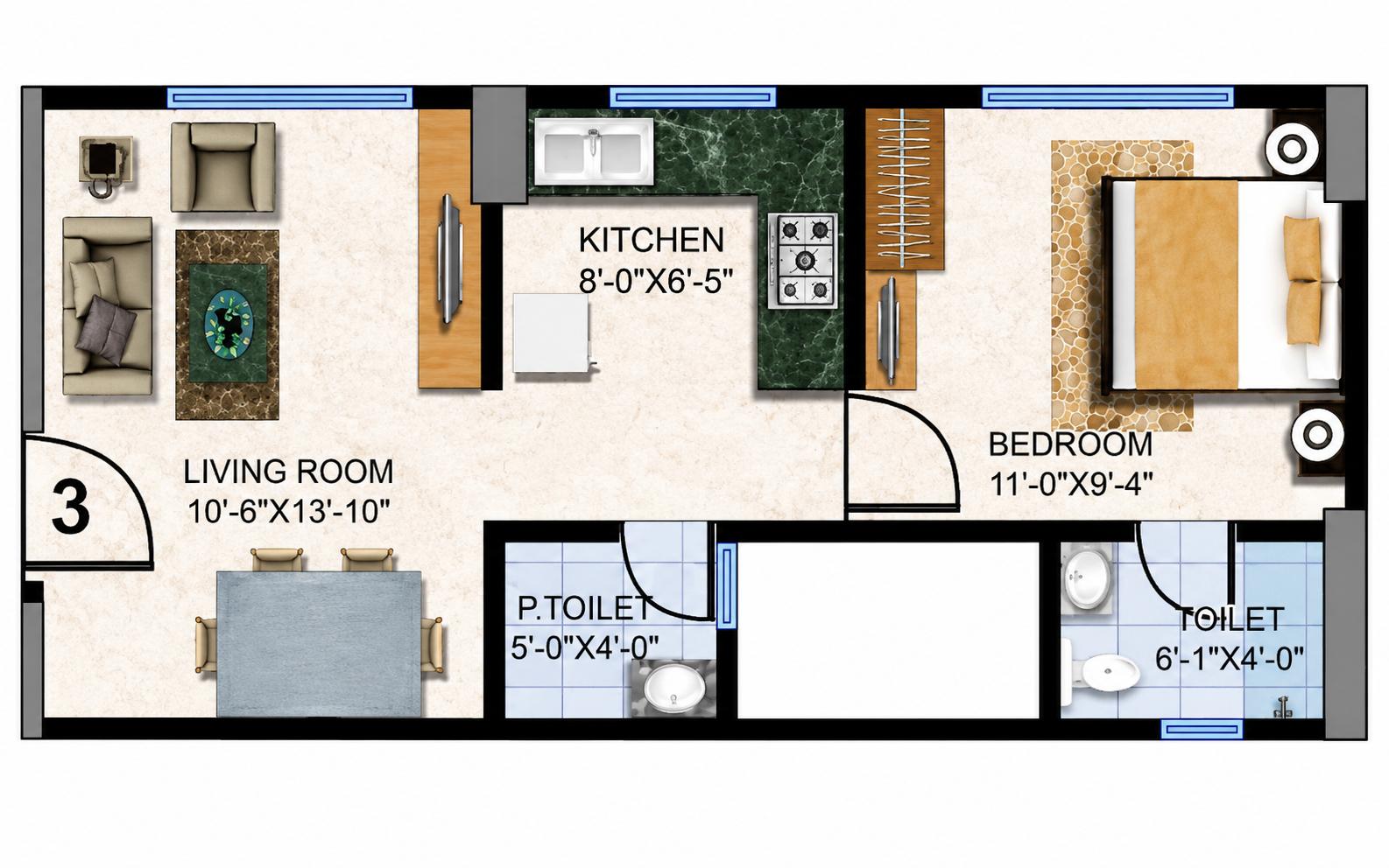 1 BHK -Wing E&F floor plan