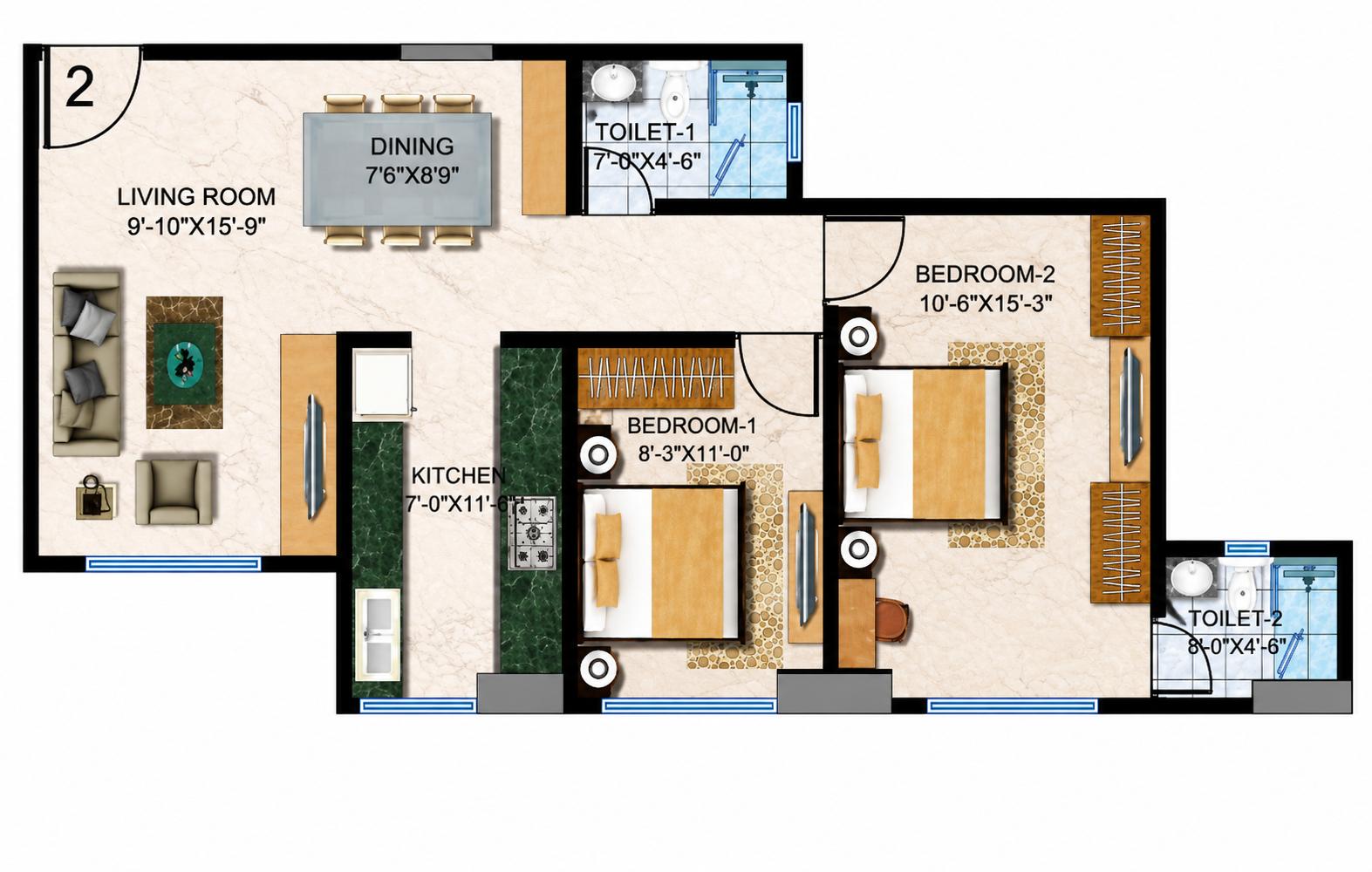 2 BHK Type1 - Wing E&F floor plan