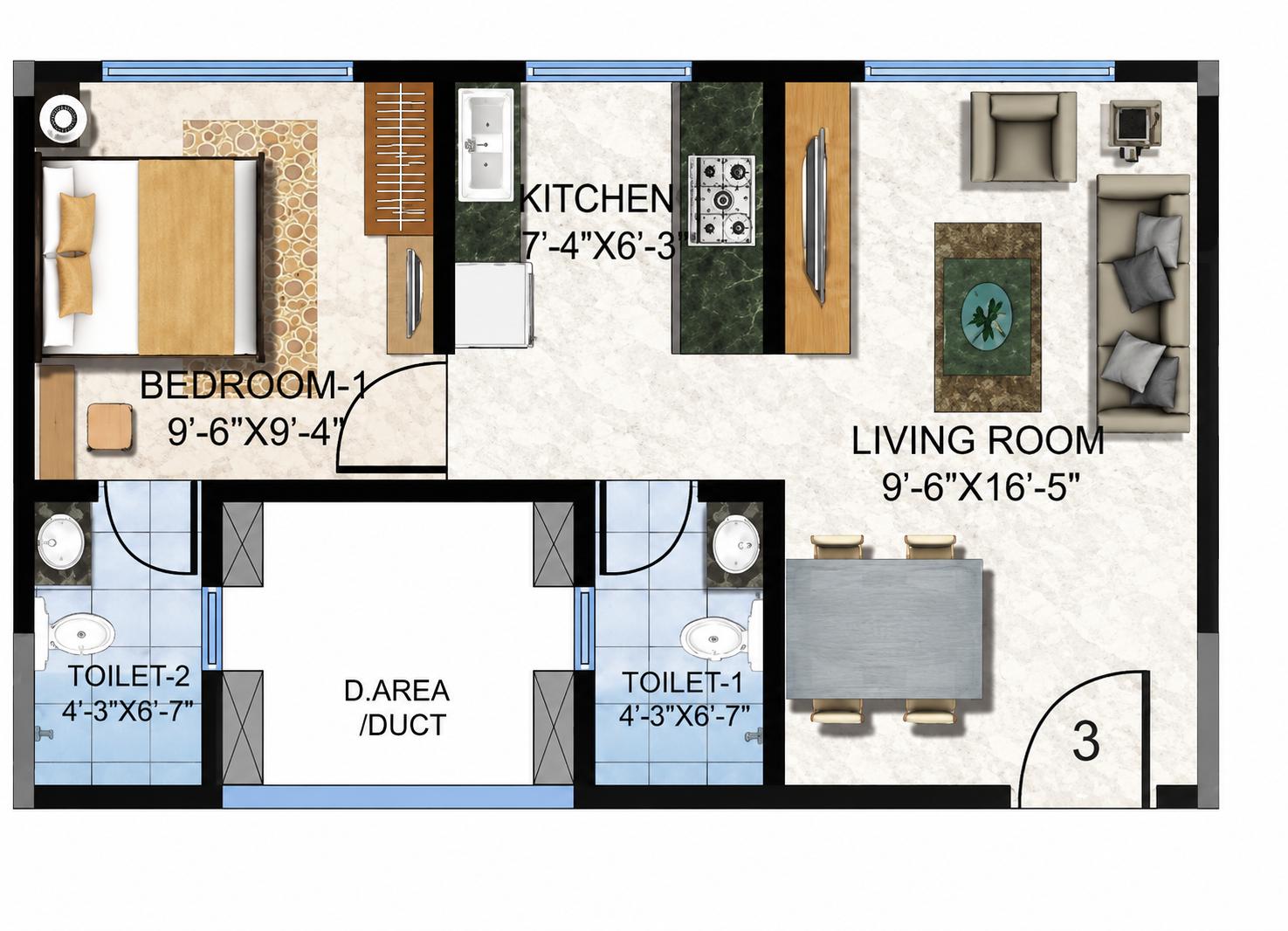 1 BHK - Wing D floor plan