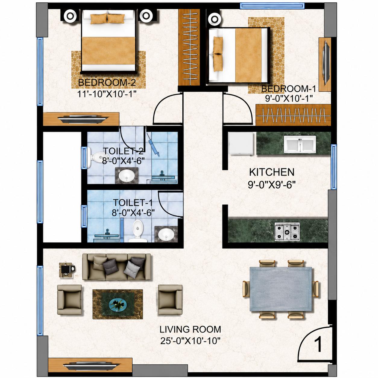 2 BHK Type2 - Wing E&F floor plan