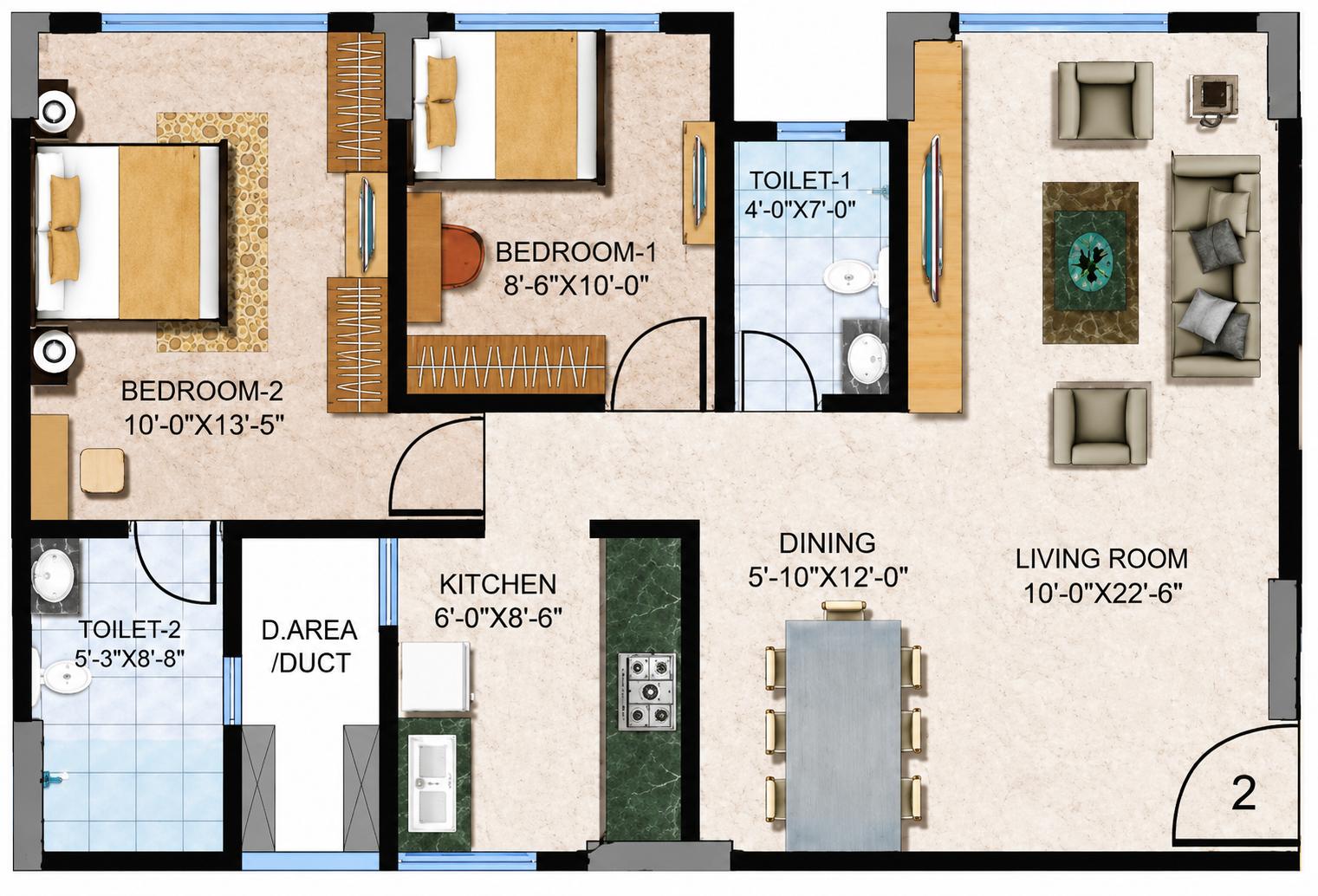 2 BHK - Wing D floor plan