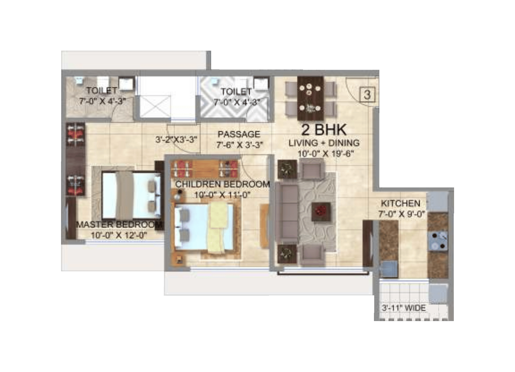 2BHK Type1 floor plan