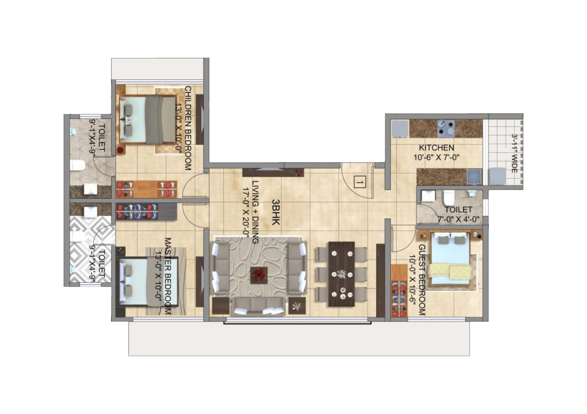 3BHK floor plan
