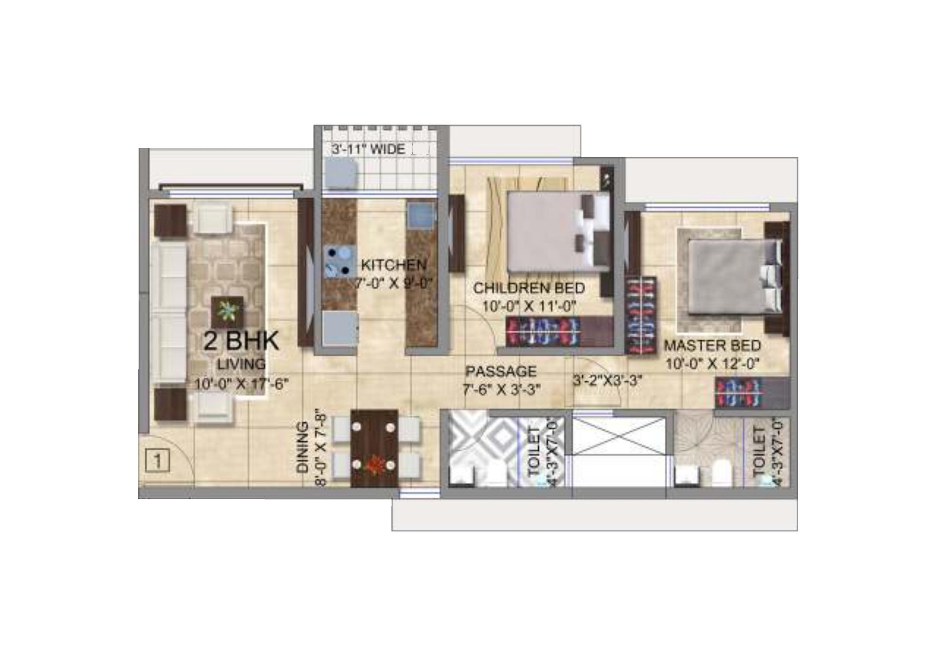 2BHK Type2 floor plan