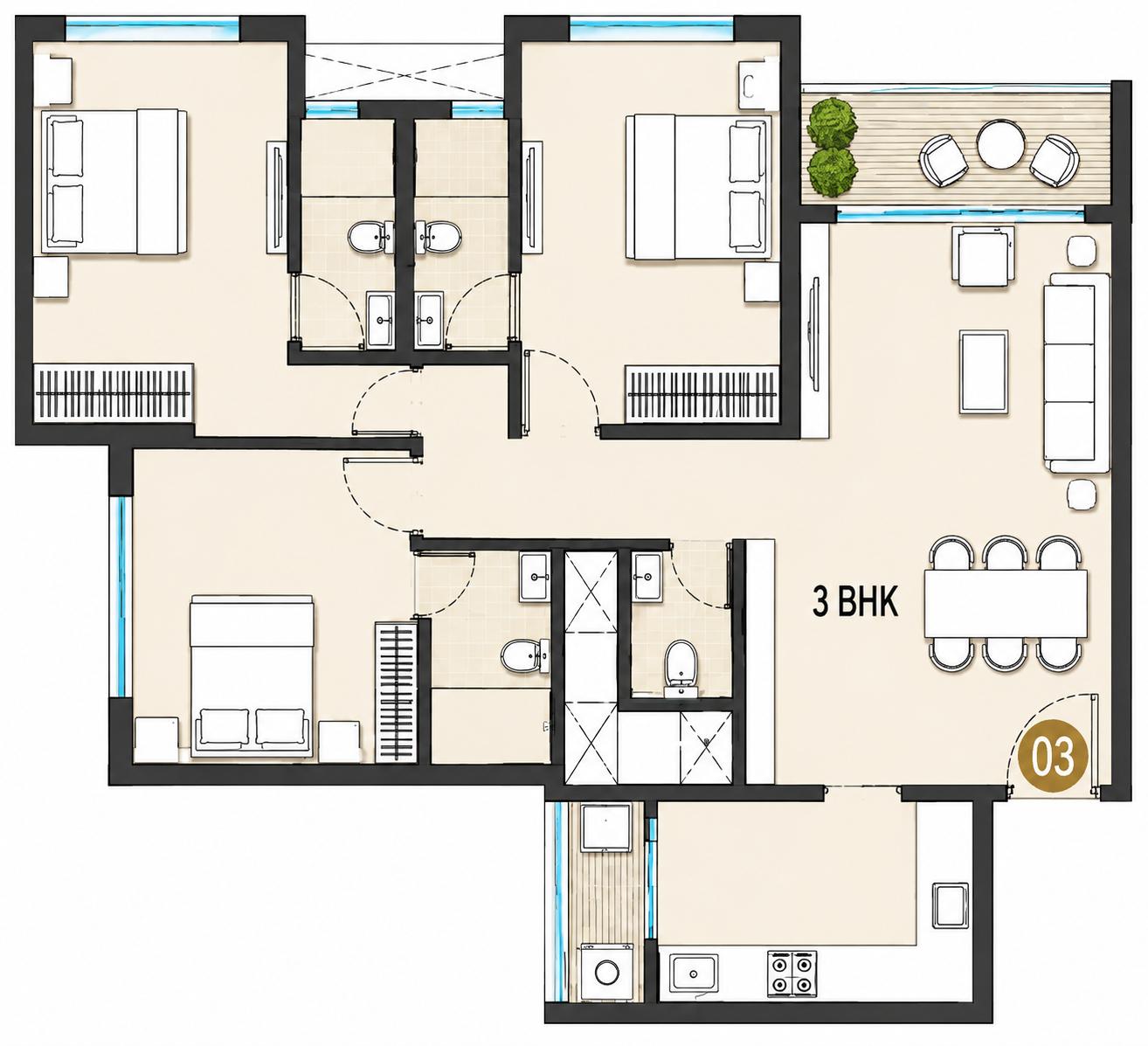 3BHK floor plan