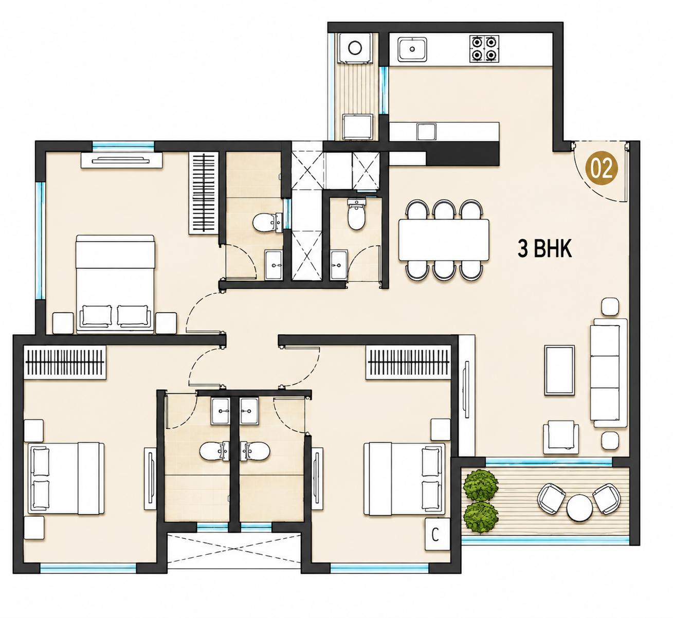 3BHK floor plan