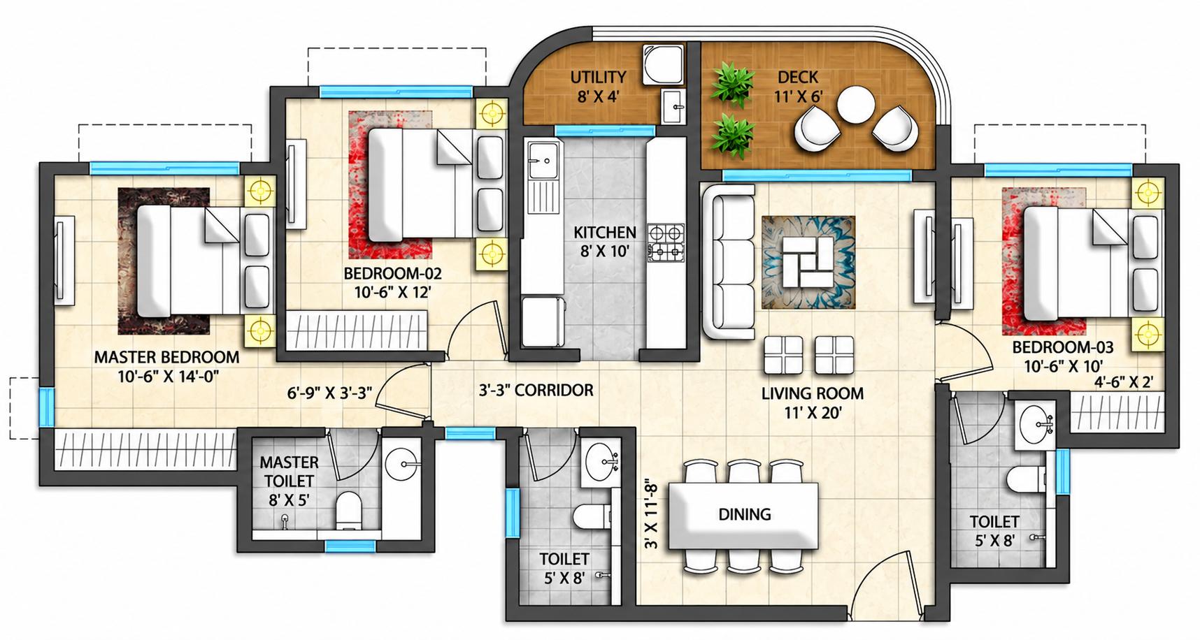 3BHK floor plan