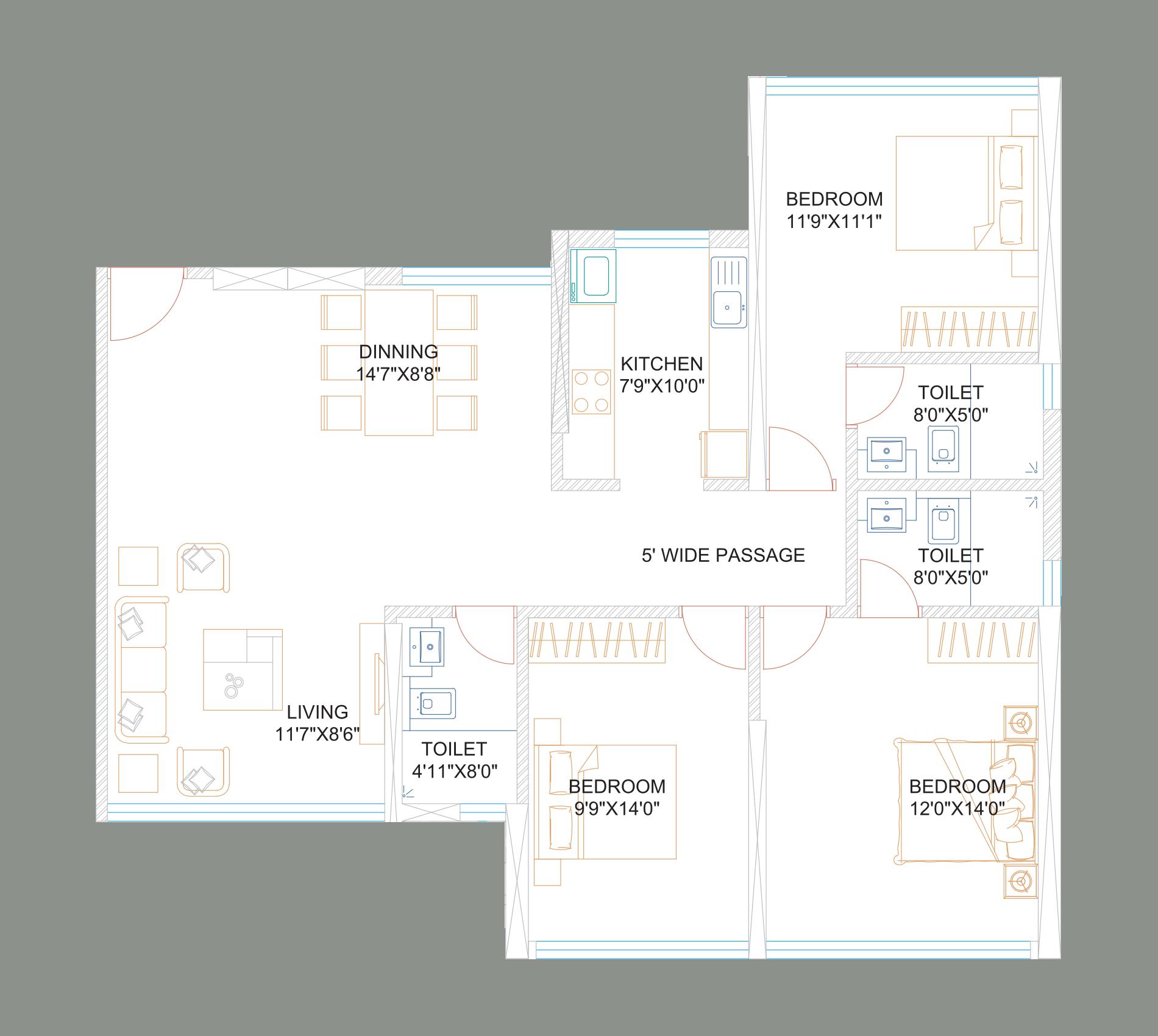 3 BHK floor plan