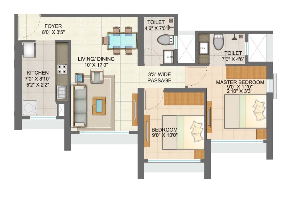 2 BHK T1 - Tulip floor plan