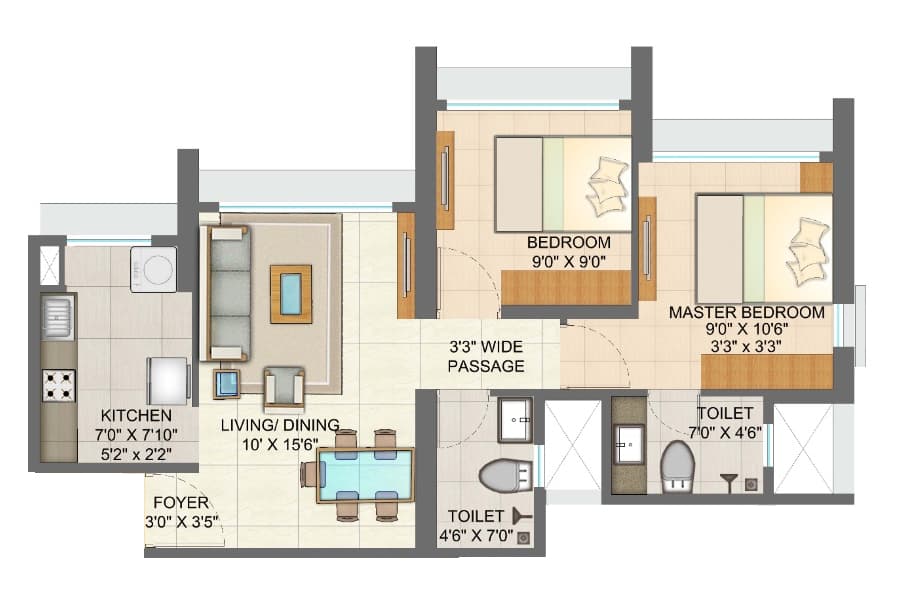 1.5 BHK T2 - Tulip floor plan