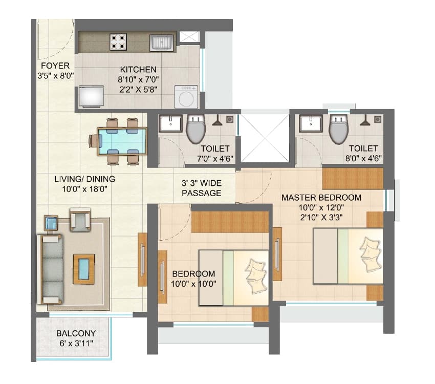 2 BHK T2 - Tulip floor plan