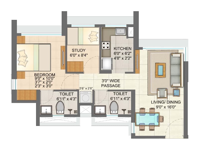 1.5 BHK T1 - Tulip floor plan