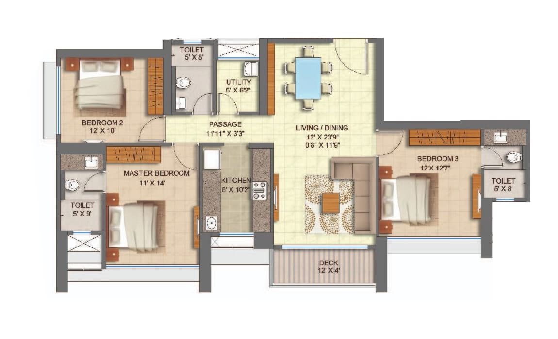 3 BHK T2 - Lily floor plan