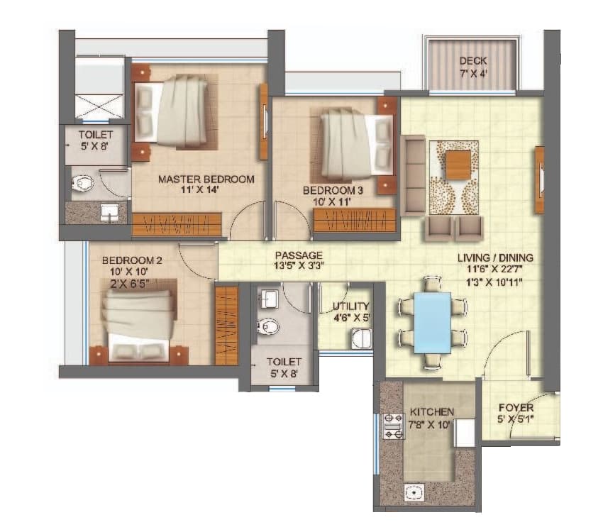 3 BHK T1 - Lily floor plan