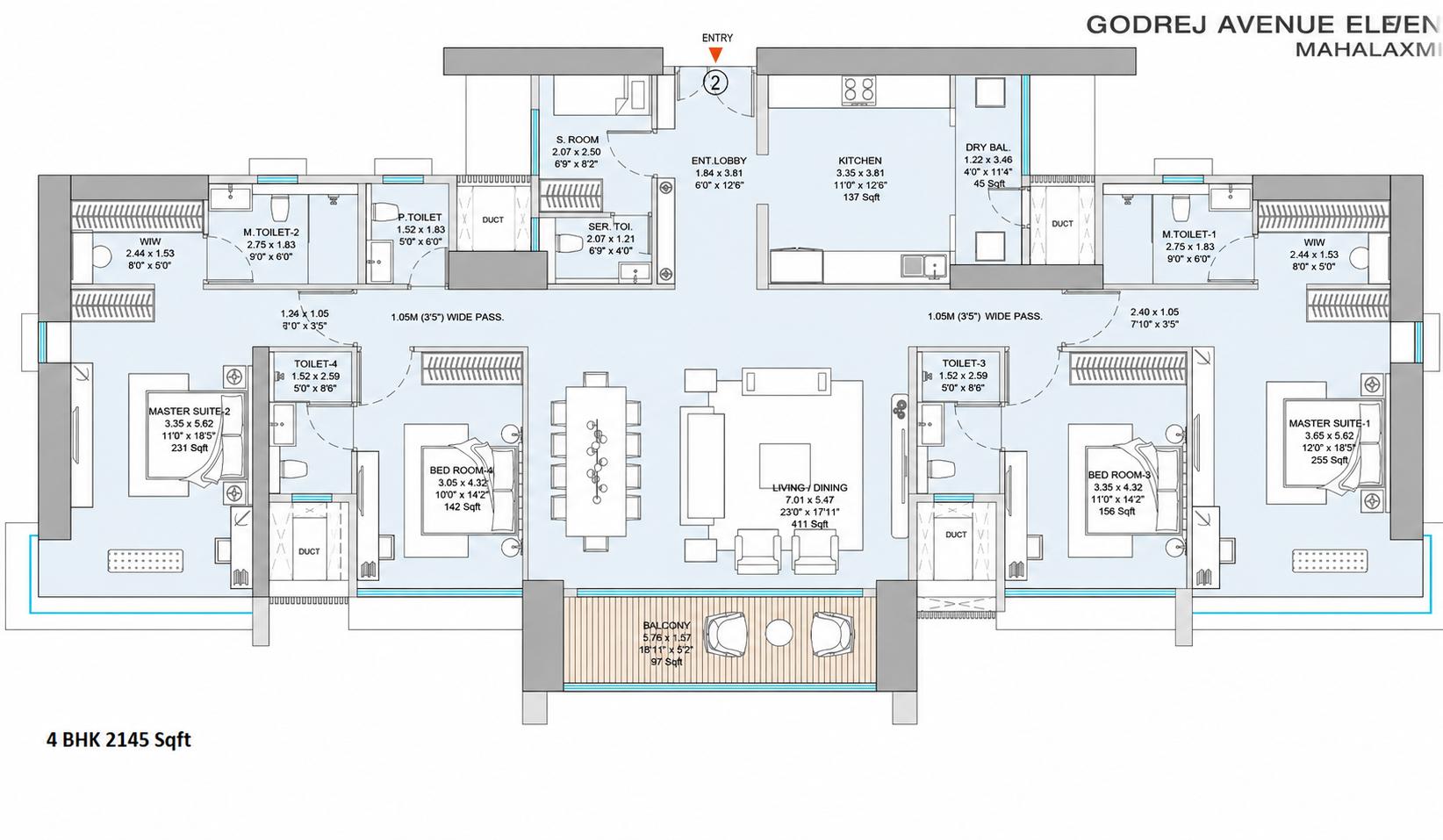 4BHK Type1 - T2 floor plan