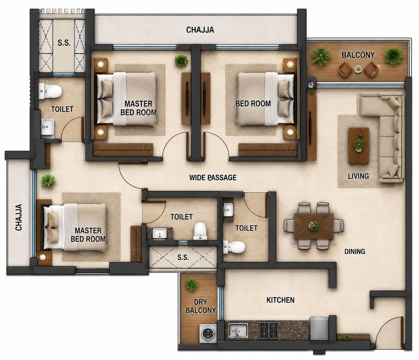 3BHK floor plan