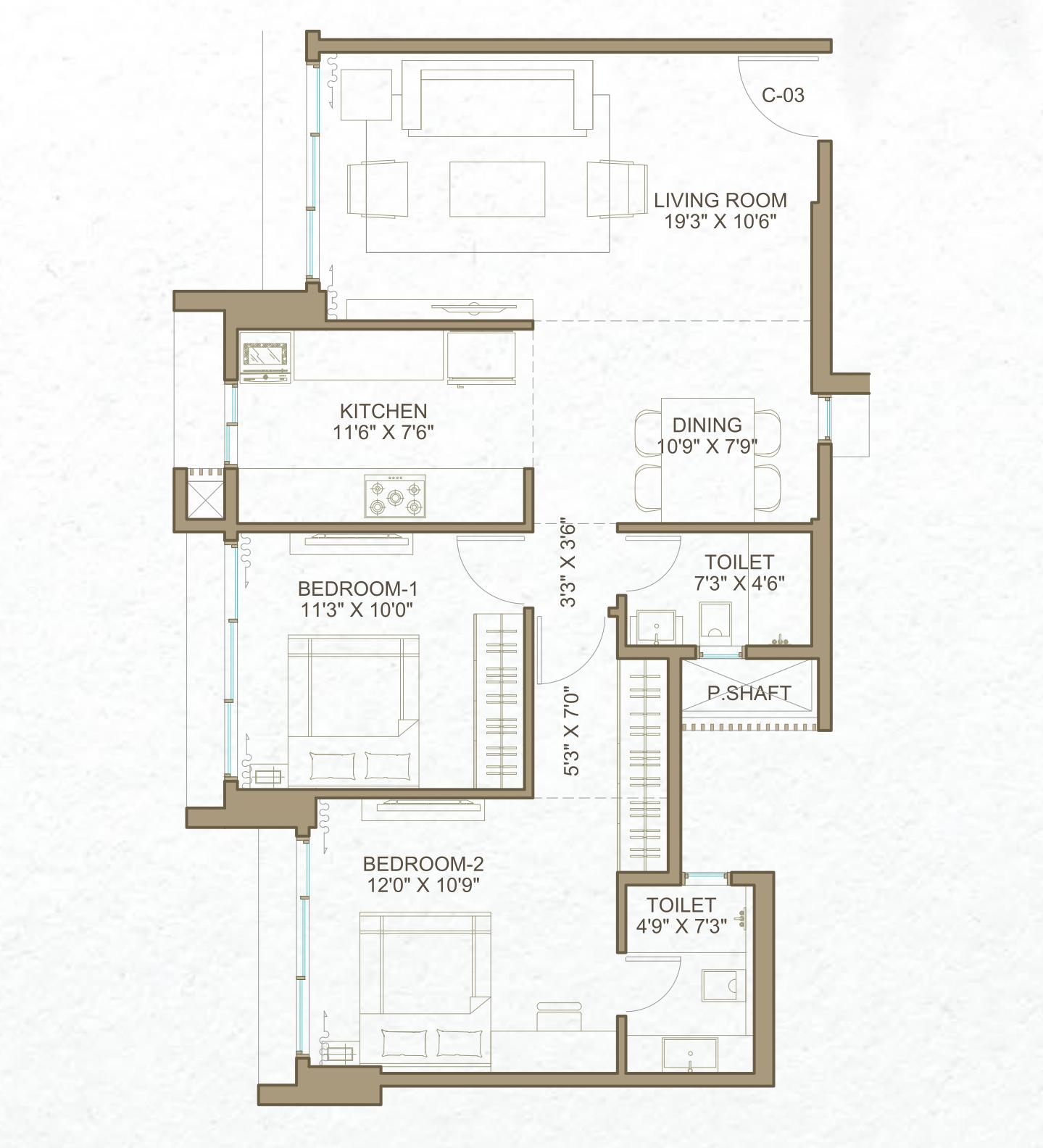 Magnolia - 2 BHK T1 floor plan