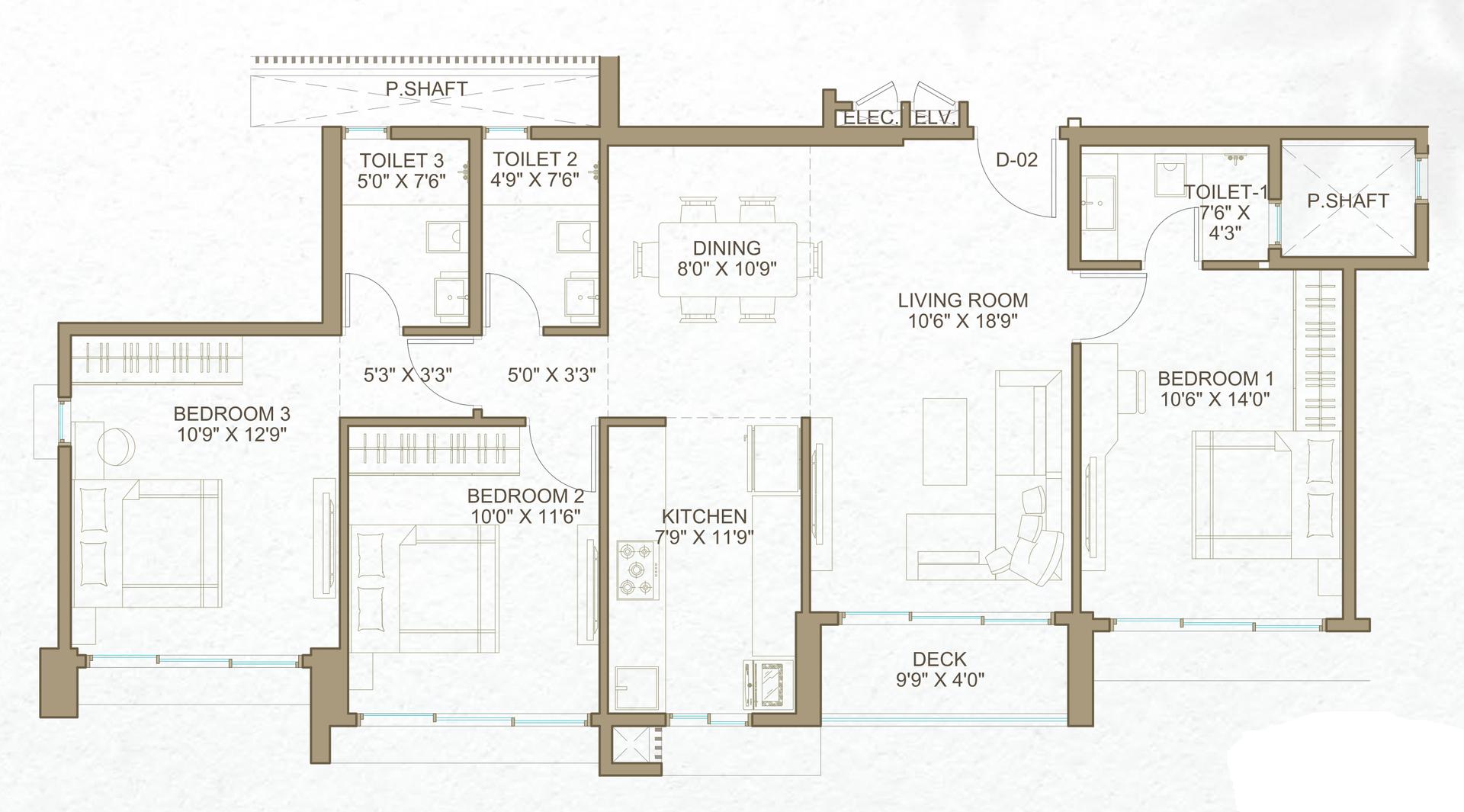 Olive - 3 BHK T2 floor plan