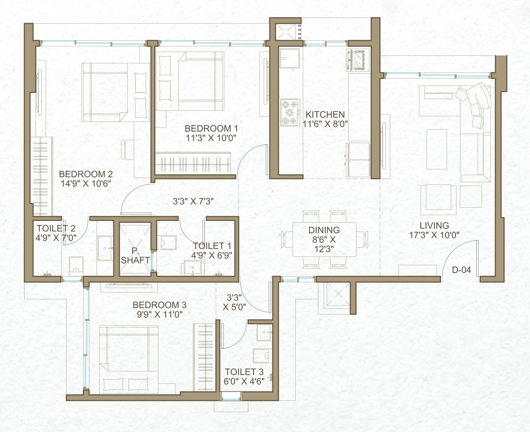 Olive - 3 BHK T1 floor plan