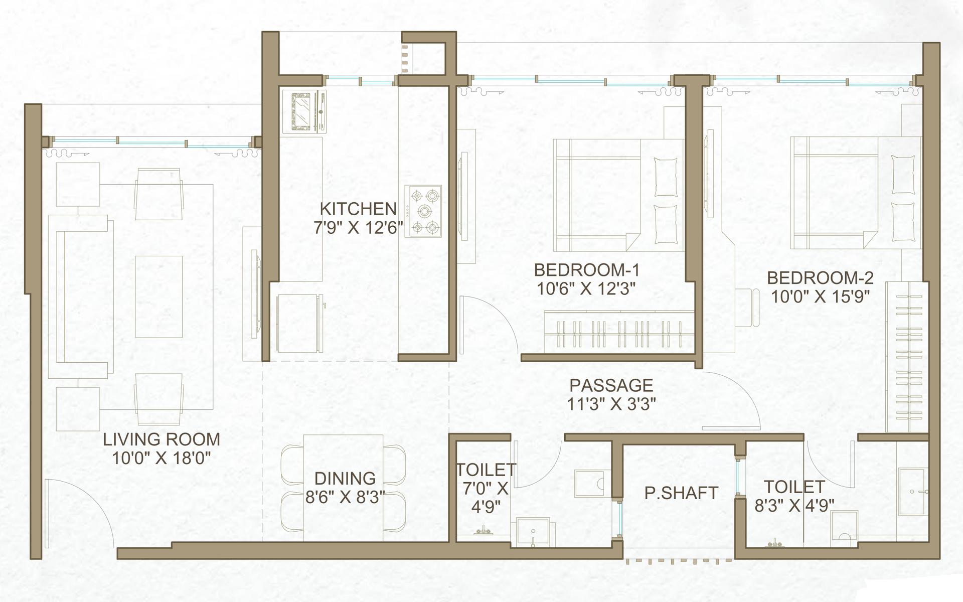 Magnolia - 2 BHK T1 floor plan