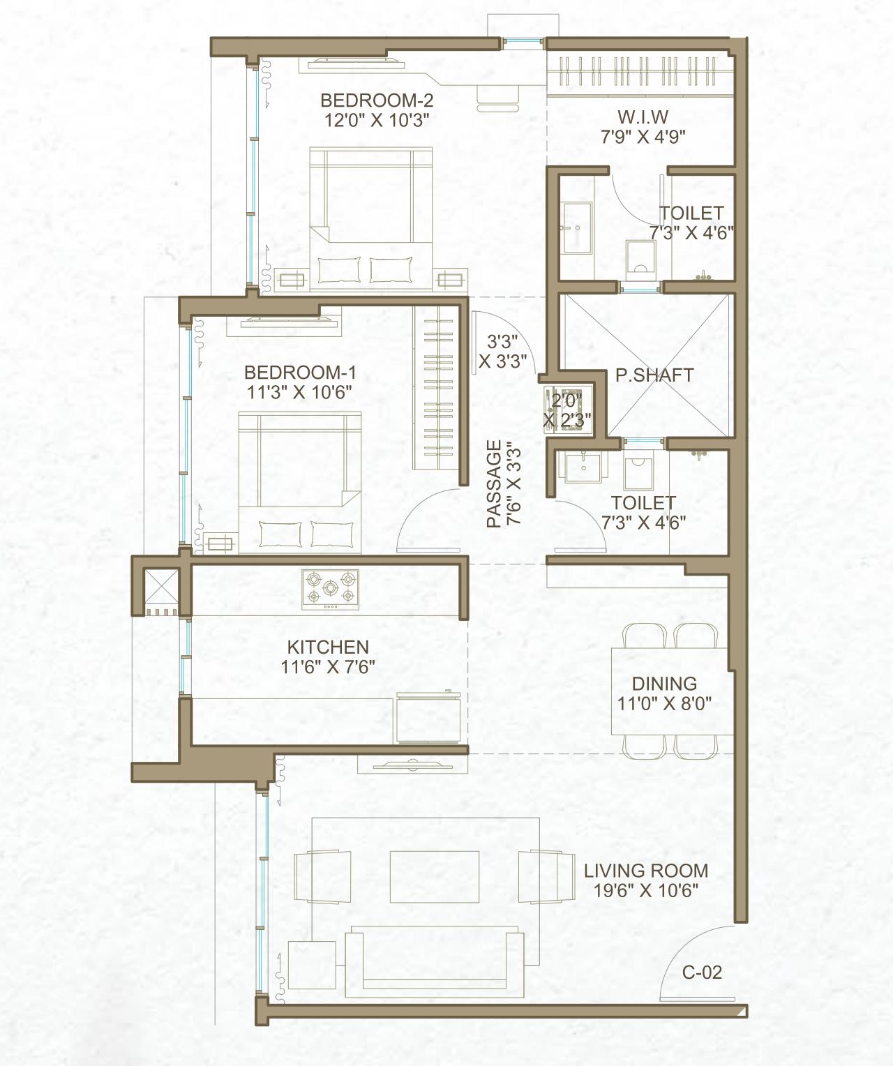 Magnolia - 2 BHK T2 floor plan