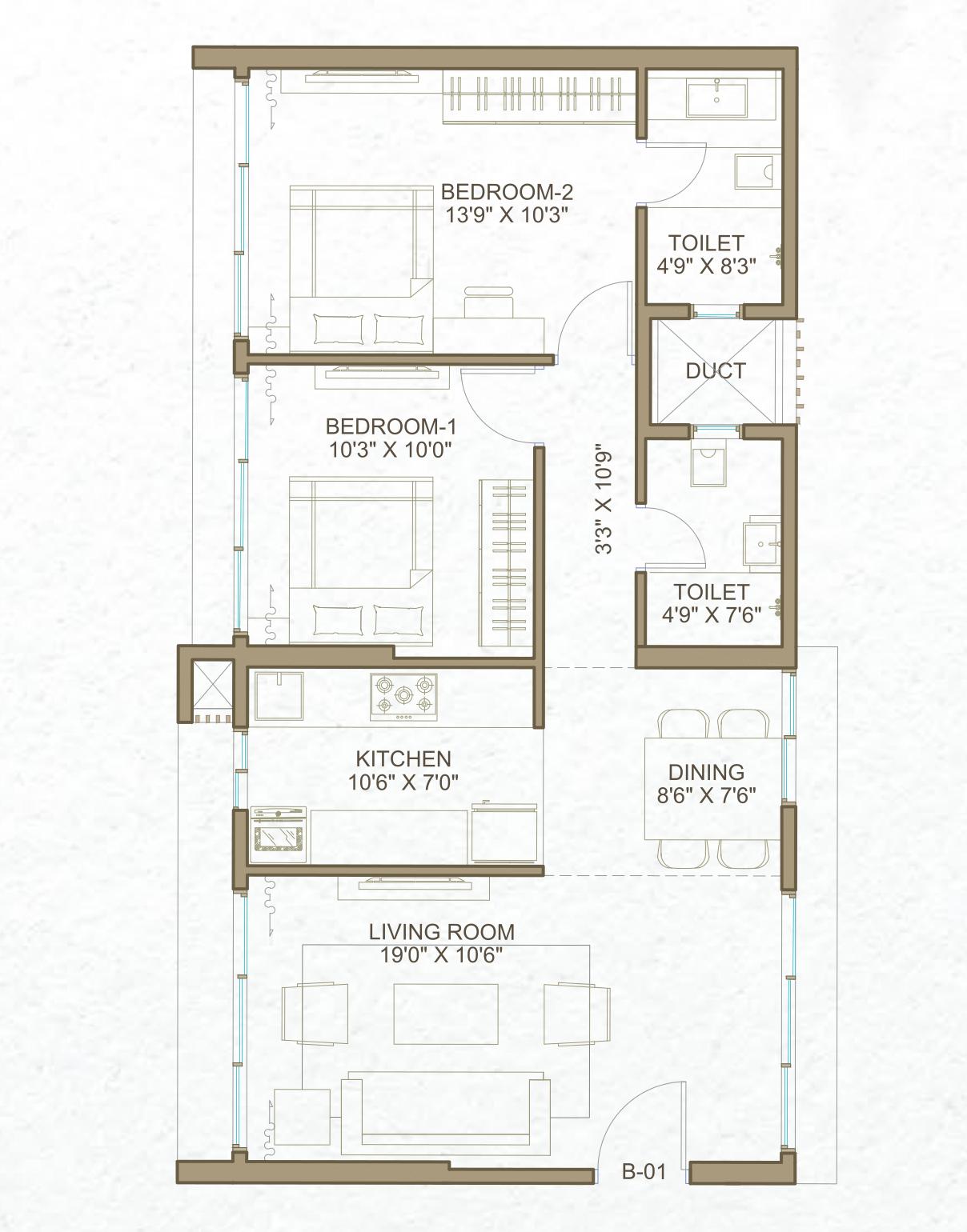Aster - 2 BHK T1 floor plan