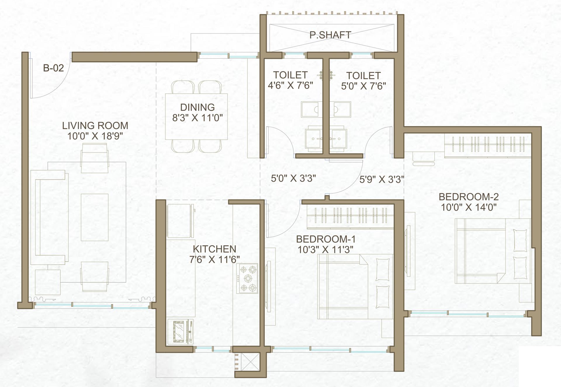 Aster - 2 BHK T3 floor plan