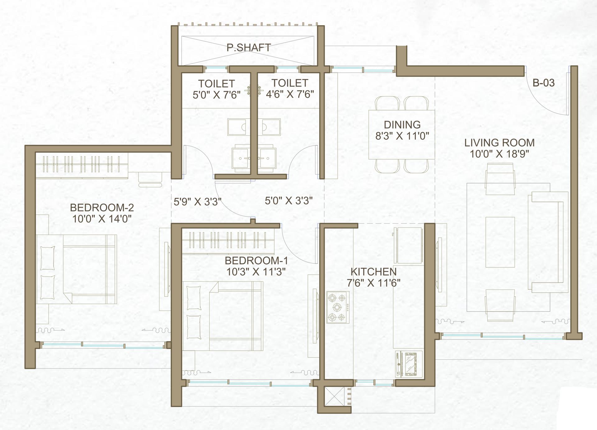 Aster - 2 BHK T2 floor plan
