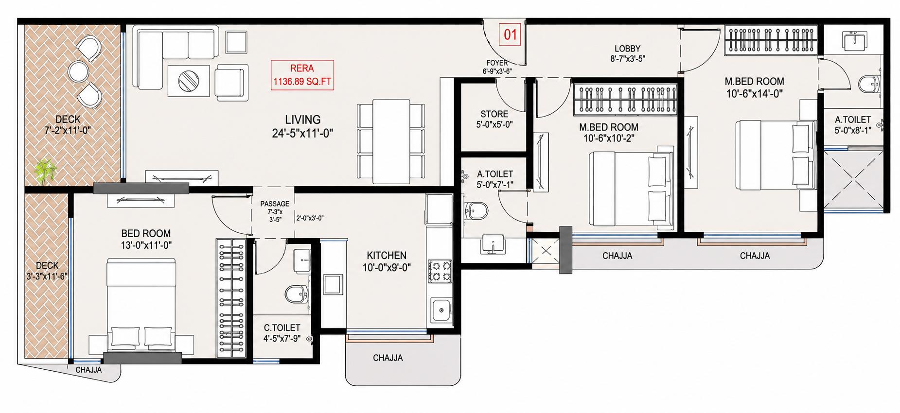 3BHK floor plan