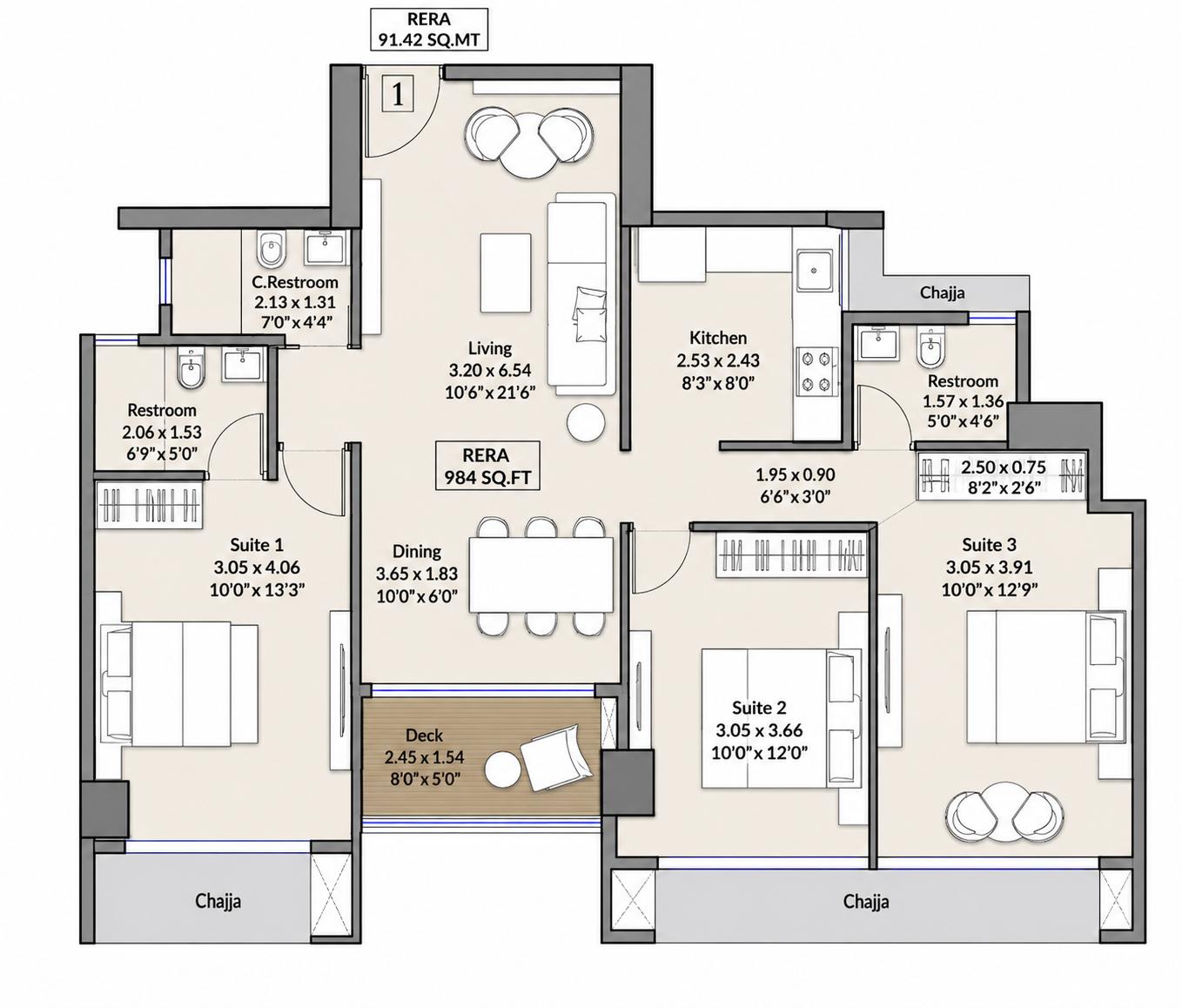 3BHK floor plan
