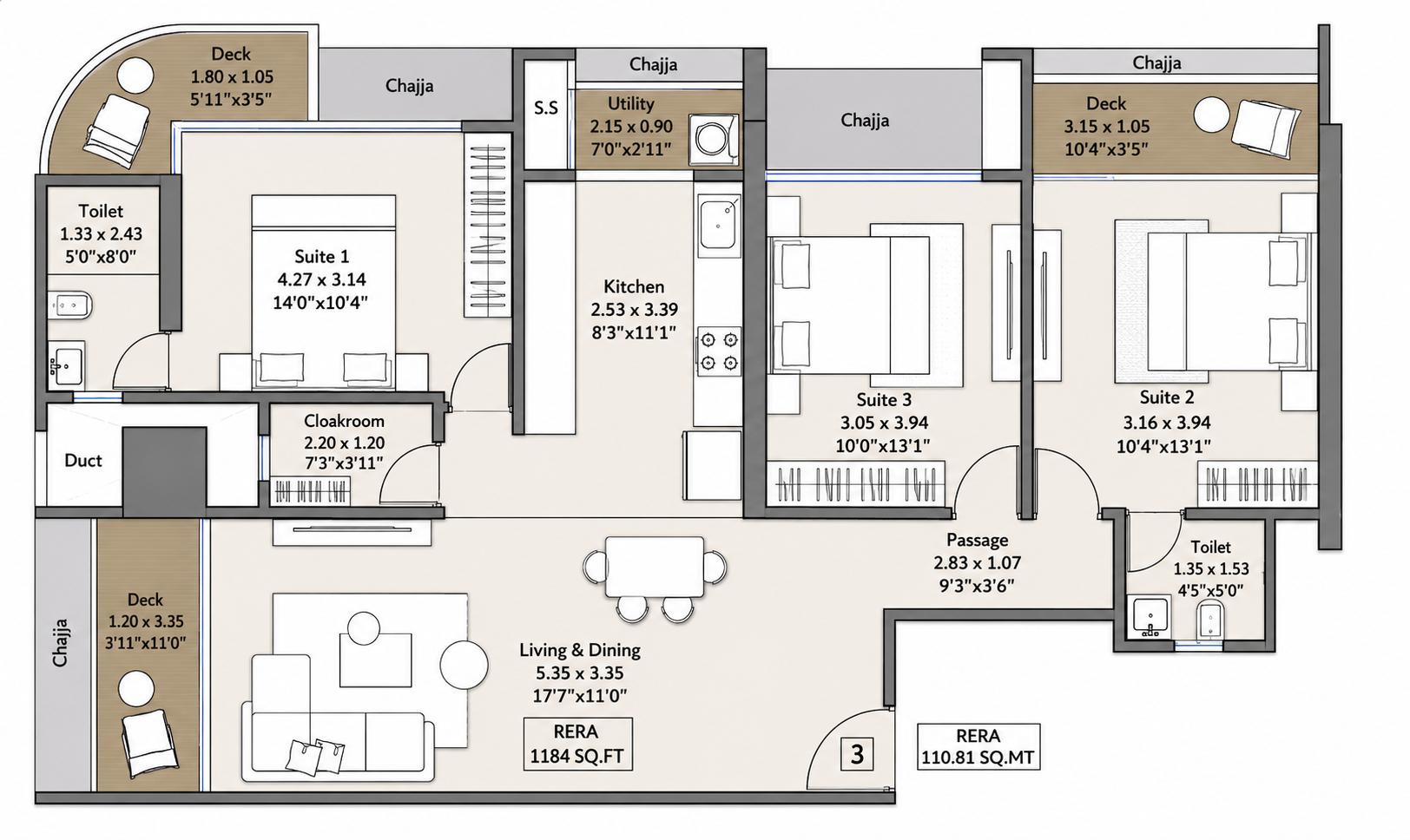 3BHK Elite floor plan
