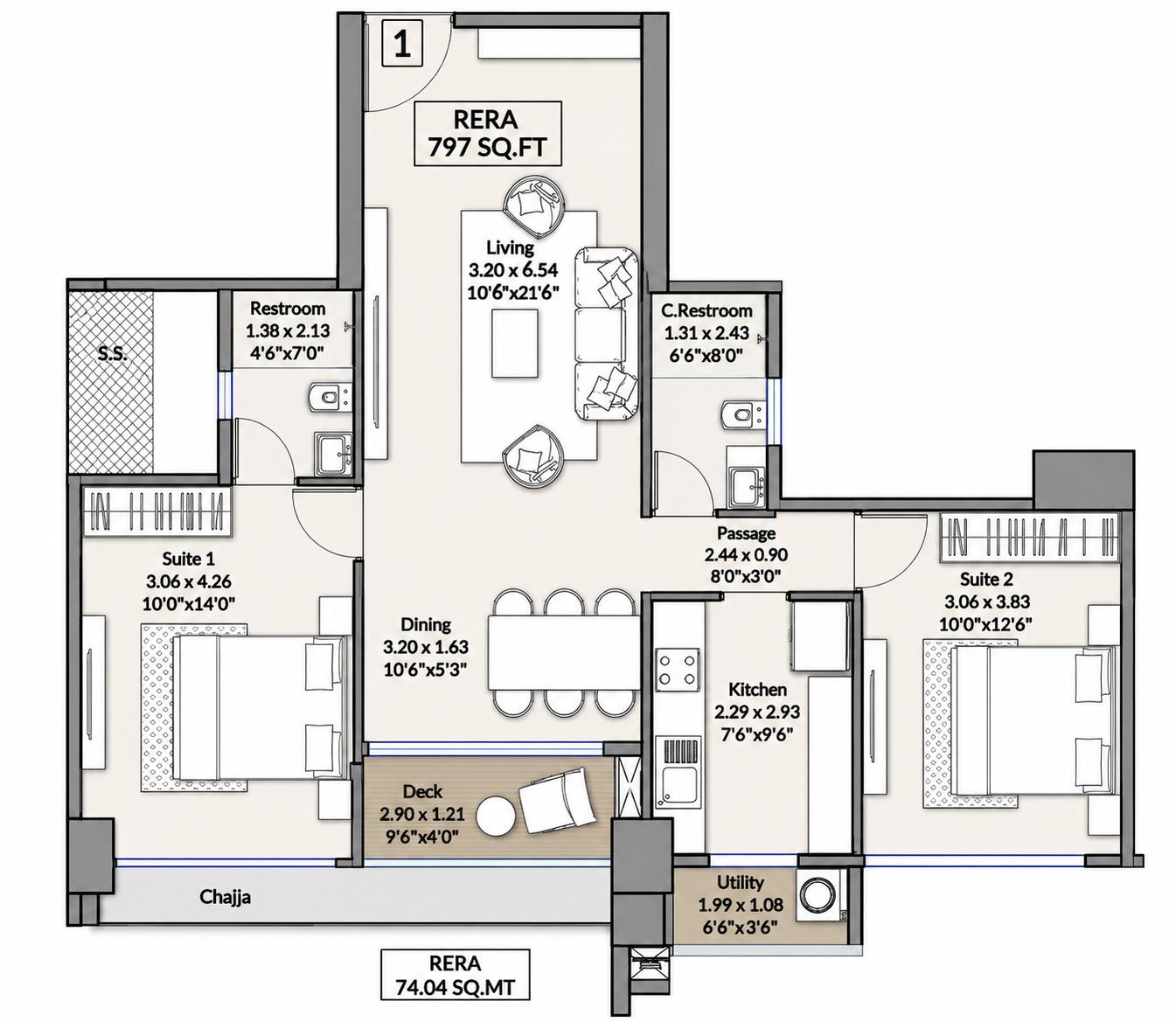 2BHK floor plan