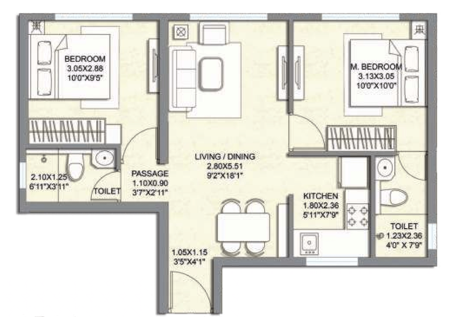 2 BHK T1 floor plan