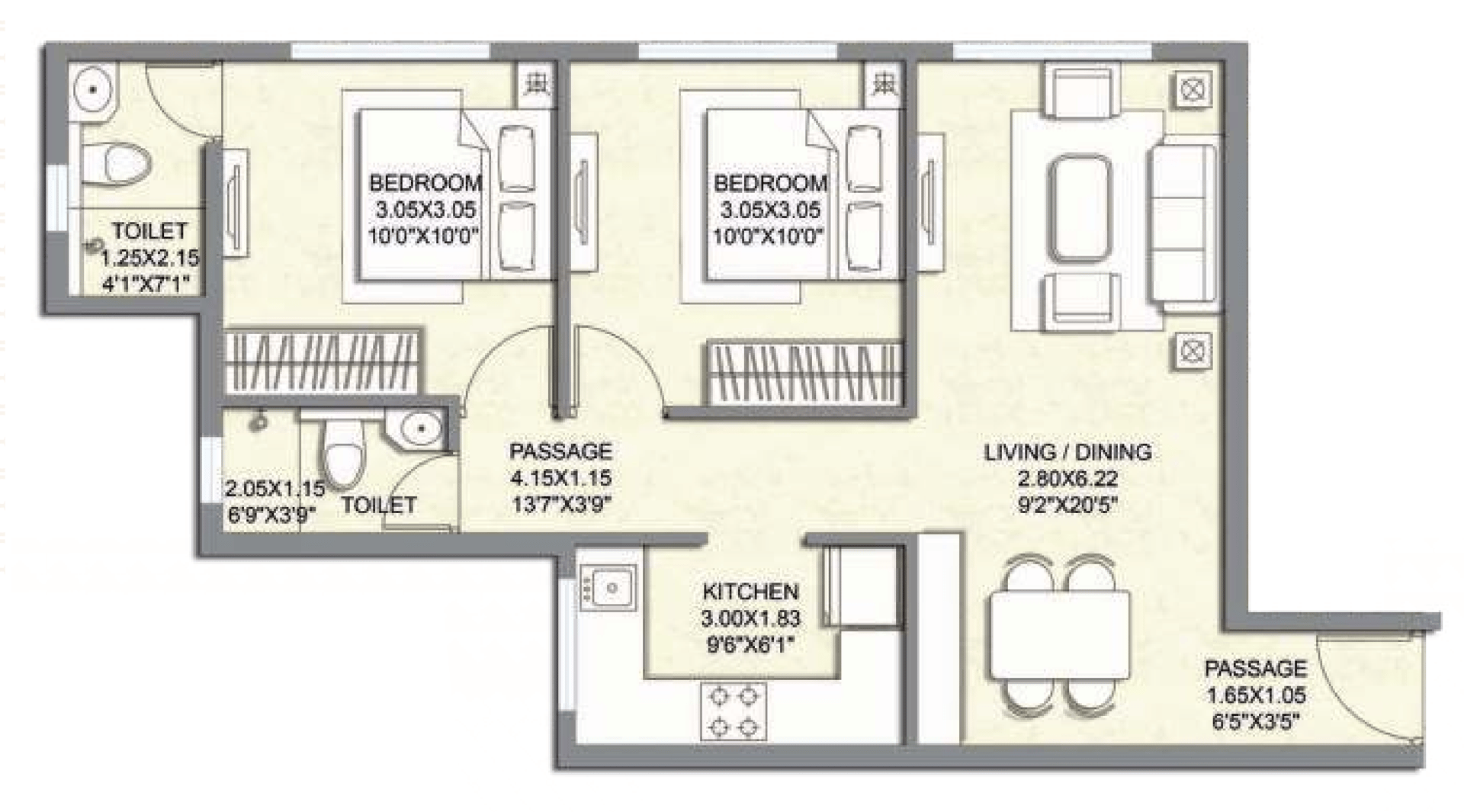 2 BHK T3 floor plan