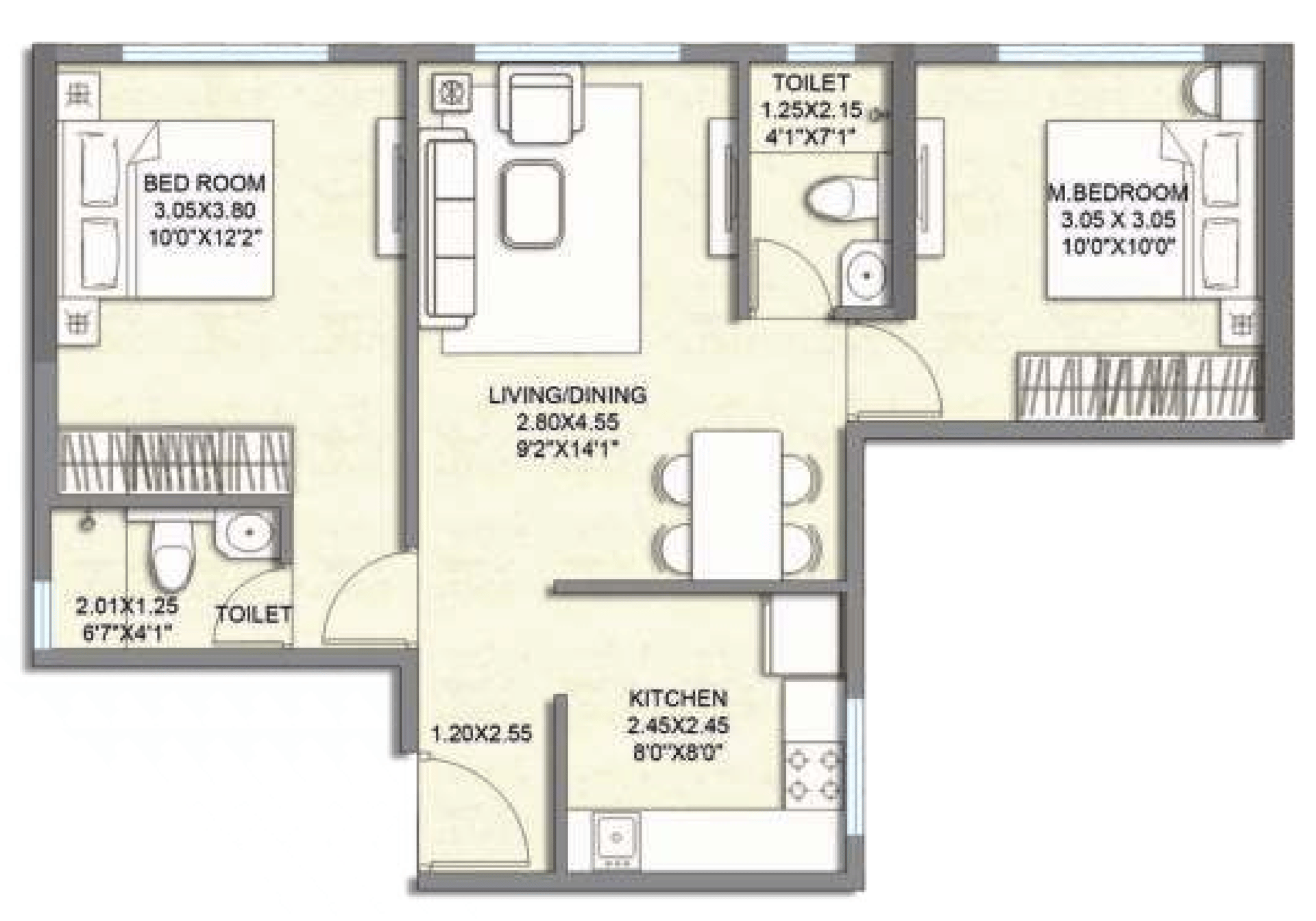2 BHK T2 floor plan