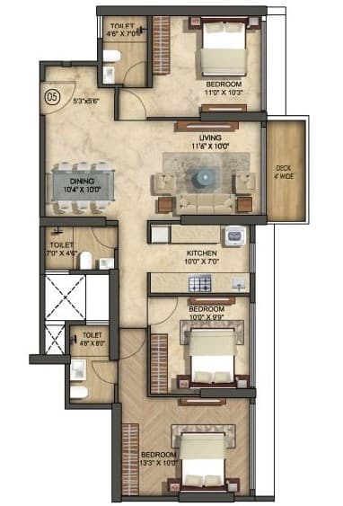 Wing A - 3 BHK T1 floor plan