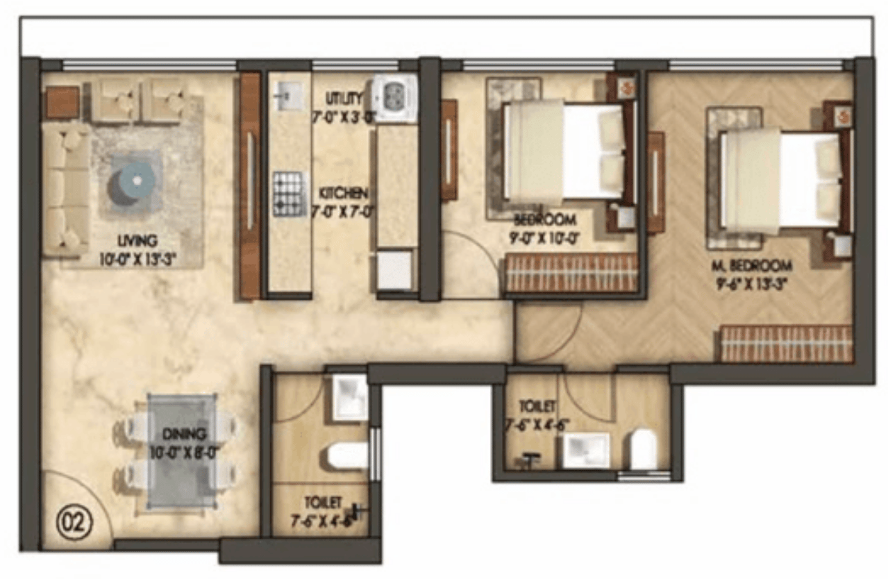 Wing C - 2 BHK T3 floor plan