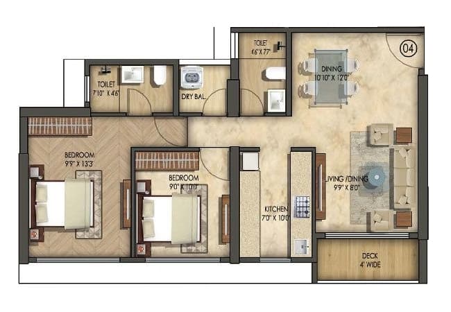 Wing B - 2 BHK T1 floor plan