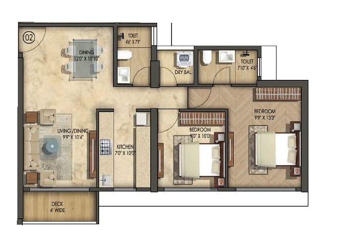 Wing B - 2 BHK T2 floor plan