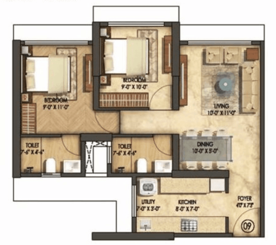 Wing C - 2 BHK T1 floor plan