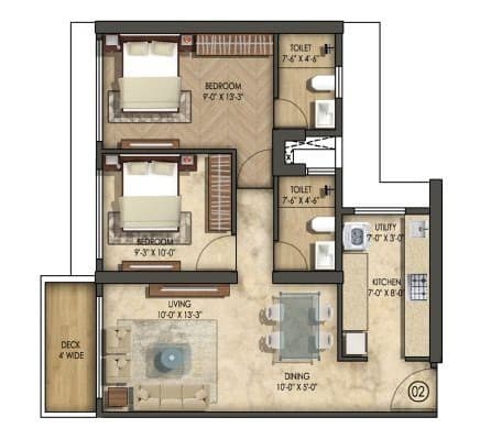 Wing A - 2 BHK T1 floor plan