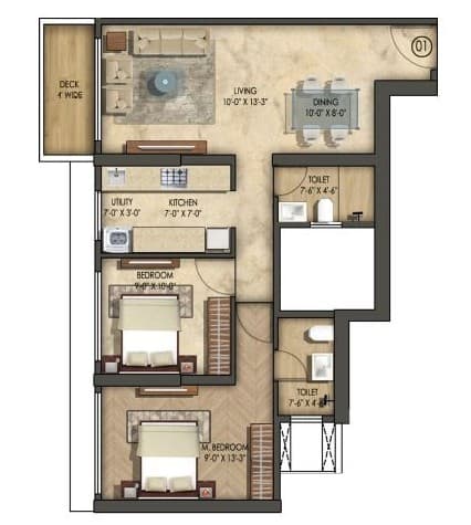 Wing A - 2 BHK T2 floor plan