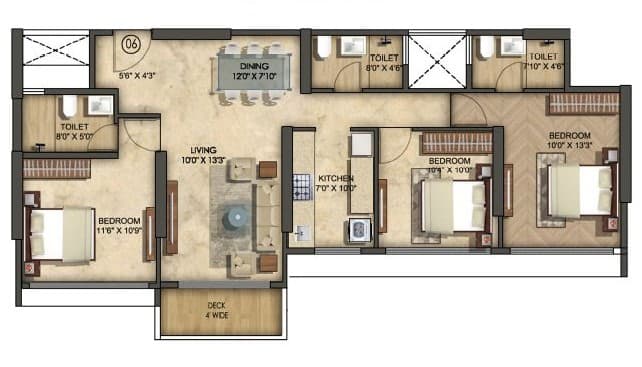 Wing A - 3 BHK T2 floor plan