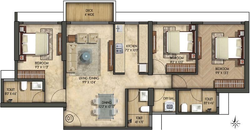 Wing B - 3 BHK T1 floor plan
