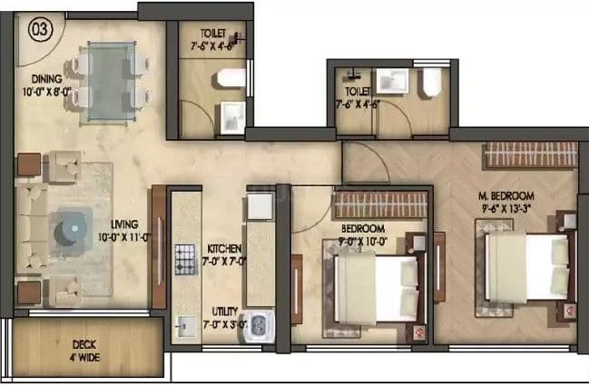 Wing C - 2 BHK T2 floor plan