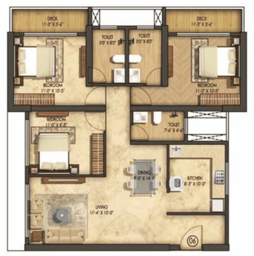 Wing B - 3 BHK T2 floor plan