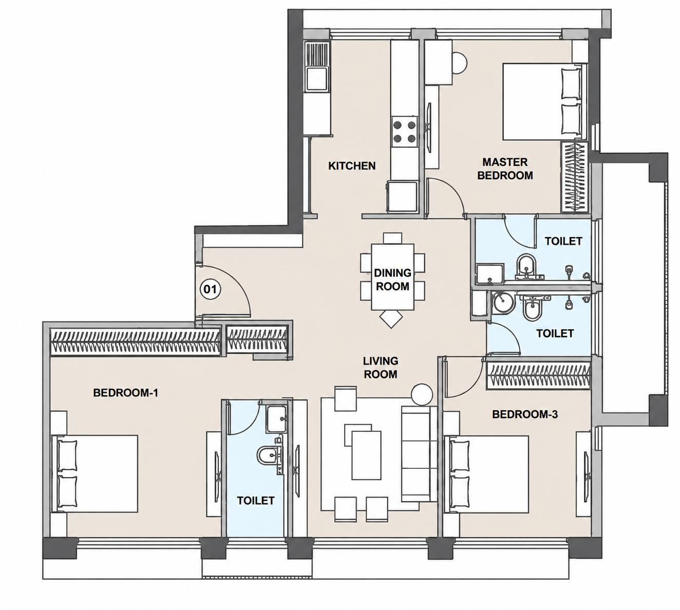 3BHK floor plan